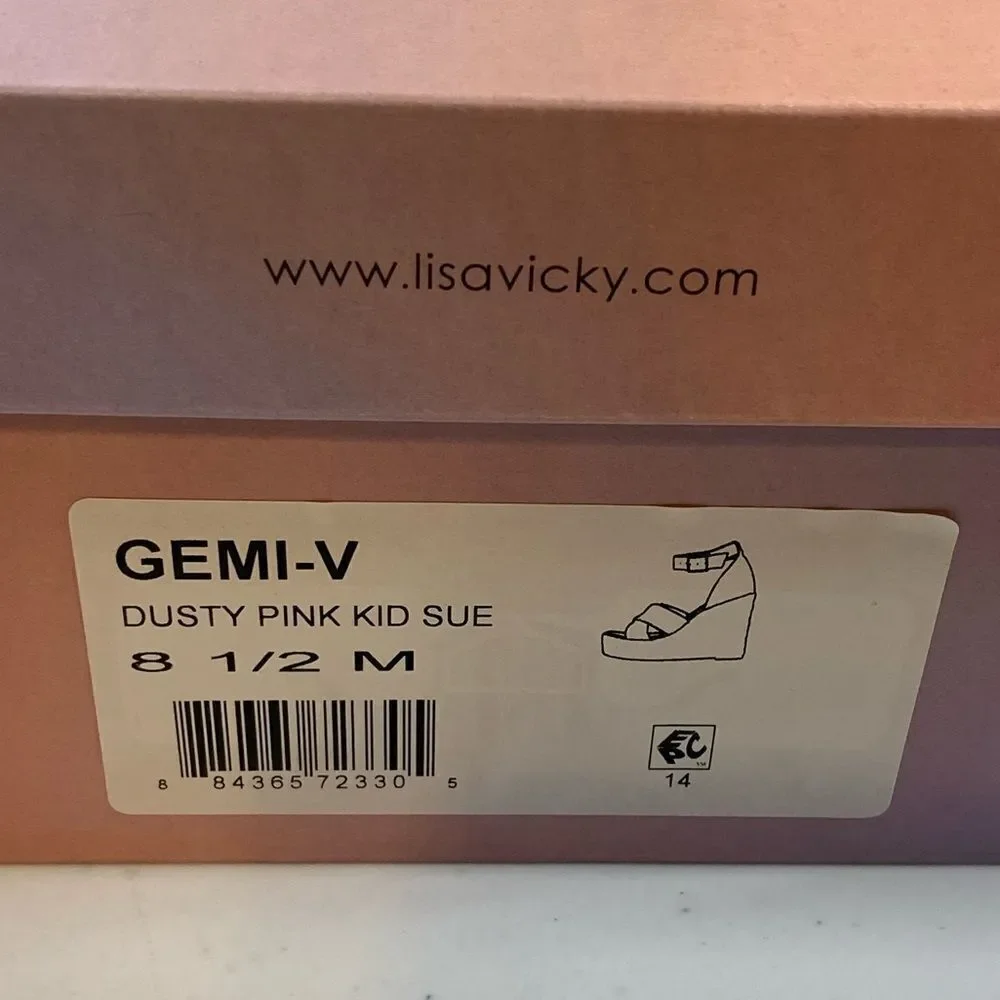NIB Lisa Vicky Gemi V Dusty Pink Kid Suede 4” Wedge Espadrille Heel Sandal 8.5